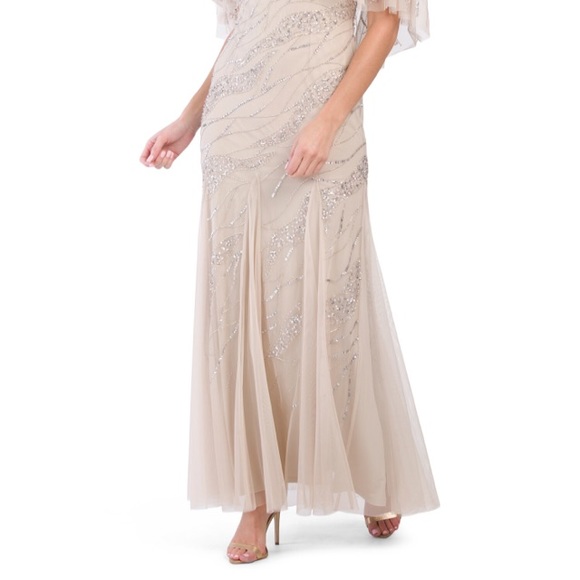 Adrianna Papell Beadded Chiffon gown cape sleeves - Picture 3 of 9